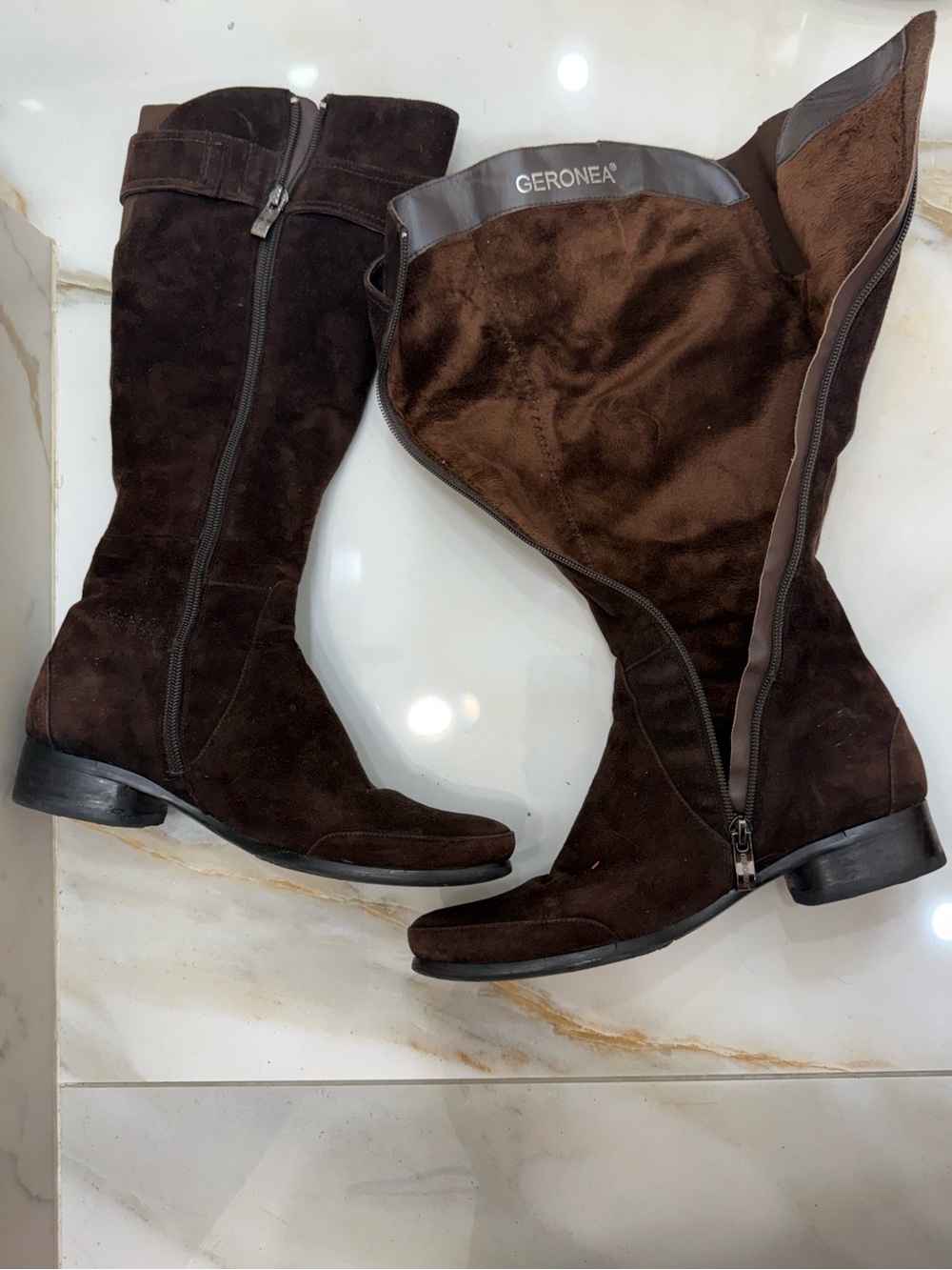 Dark Brown Suede Knee-High Heeled Boots